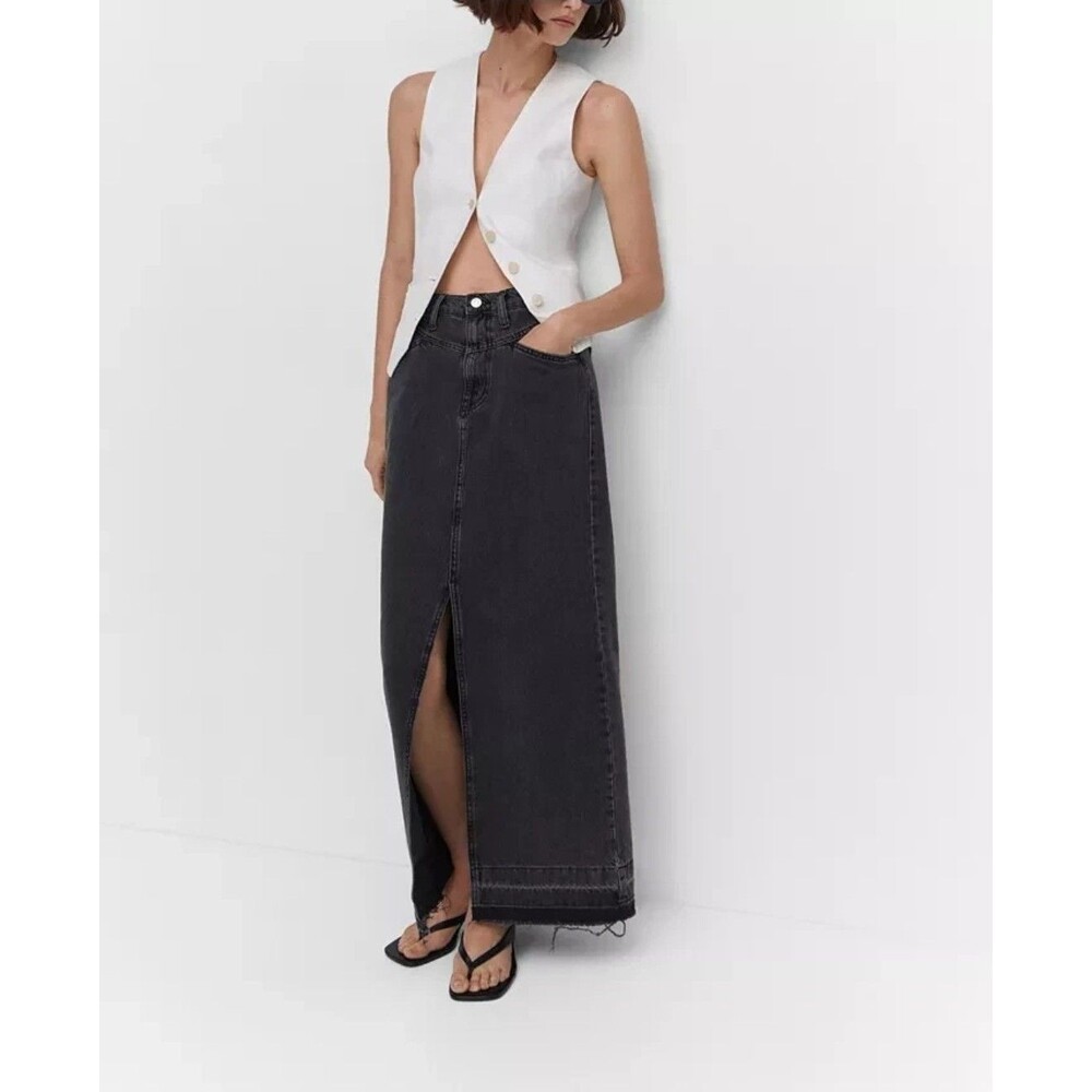 NWT MANGO MNG $80 BLACK DENIM FRONT SLIT MAXI SKIRT SZ XXL